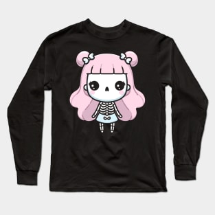 Cute Skeleton Girl In Kawaii Style and Long Hair | Cute Happy Halloween Design Long Sleeve T-Shirt